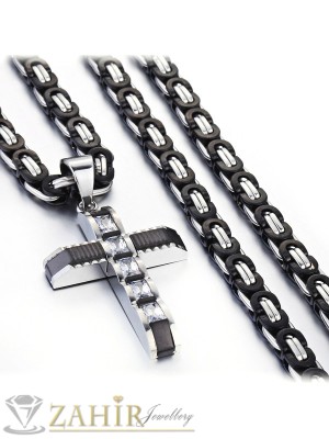 Мъжки ланец неръждаема стомана с черни елементи 60 см, широк 0,5 см с висулка кръст от стомана - 4,5 + 1см - ML1013