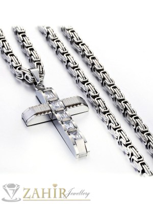 Мъжки ланец неръждаема стомана 60 см, широк 0,5 см с висулка кръст от неръждаема стомана - 5 + 1см - ML1014