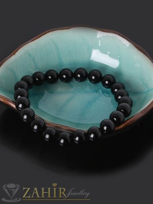 Ръчно изработена гривна от естествен лъскав черен ахат 8 мм топче , 7 размера - GA1123