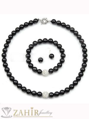 Ръчна изработка комплект от черен лъскав  ахат топче 8 мм, колие 43 см, гривна 18 см и обеци 3 см - GA1192