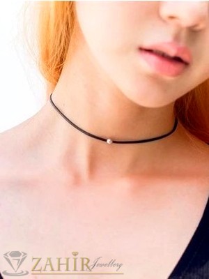 Чокър -  черна каишка от естествена кожа широка 0,3 см със стоманено топче , 2 цвята, дължина 30 + 6 см удължител - K1607