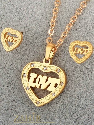 Нежен стоманен комплект  със сърце колие - 53 + 5 см и обеци 1 см, златно покритие - KO1626