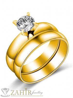  Класически сет от 2 пръстена, нежна халка и пръстен с циркон, стомана със златно покритие - P1408