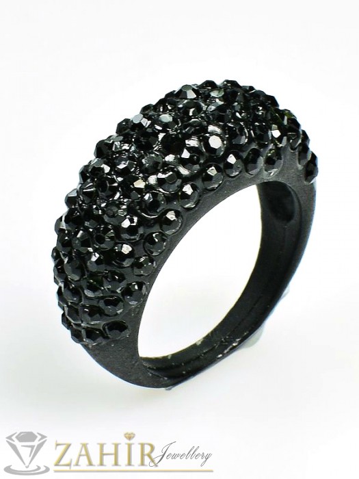 Дамски бижута - Елегантен и стилен черен пръстен с черни кристали - P1370