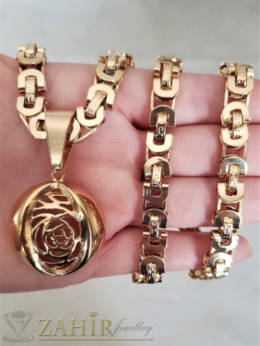 Дамски бижута - Едър гръцки ланец от стомана с гравирана рязана висулка 3,5 см , златно покритие - K1673