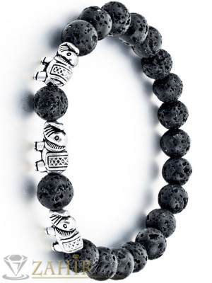 Ластична гривна с три сребристи слончета и вулканичен камък 8 мм, в 3 размера - MA1070