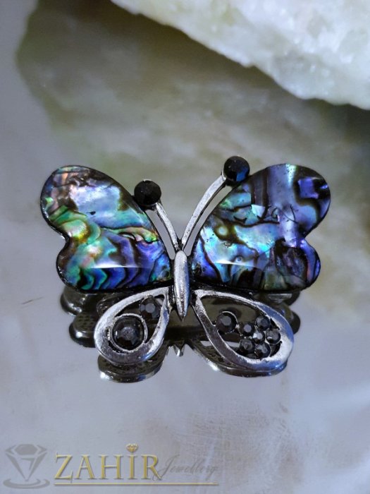 Дамски бижута - Великолепна пеперуда от мексикански севдеф 4 см с графитени кристали, сребърно покритие - B1086