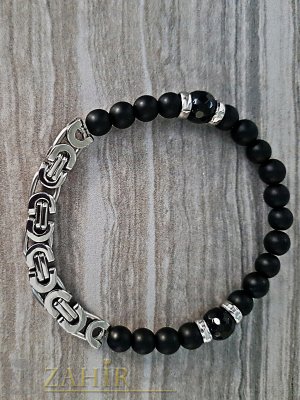 Нова дизайнерска стоманена гривна римска плетка с естествен черен оникс 8 мм, налична в 5 размера - GS1271