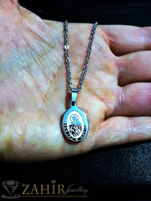 Малък 2 см нежен медальон с гравирана Богородица от стомана на тънък стоманен ланец 50 см - K1772