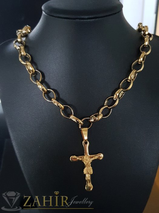 Дамски бижута - Изкусителен стоманен позлатен ланец в 4 размера с висулка кръст с Исус 4 см - K1893