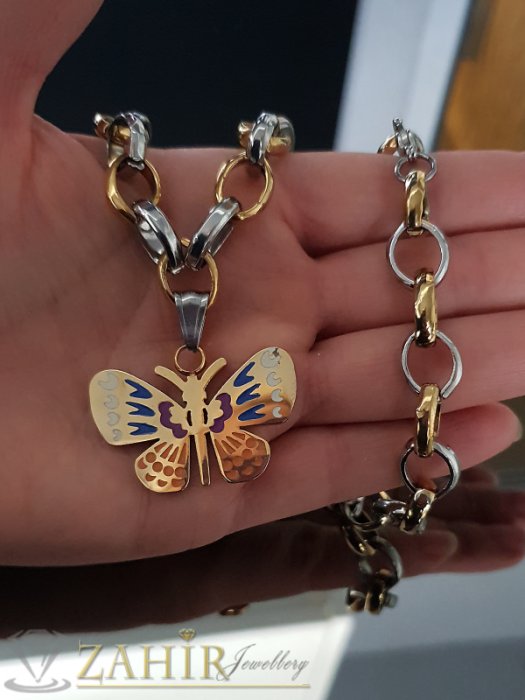Дамски бижута - Неустоим двуцветен дамски ланец в два размера с висулка рисувана пеперуда 3,5 см - K1896