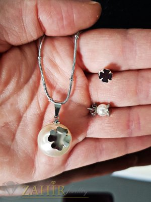 Нежен перлен комплект от стомана, колие 55 см с висулка 2 см и обеци 0,6 см на винт - KO1846