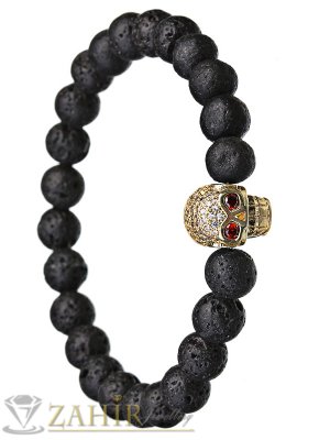 Позлатен череп с ковани кристали на ластична гривна от вулканичен камък 8 мм, 5 размера - MA1092