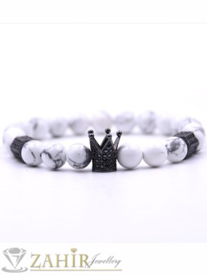 Луксозна гривна с 3 черни елемента с ковани кристали на гривна от бял хаулит 8 мм, 7 размера - MGA1343