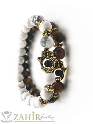 Позлатен елемент Хамса на бял хаулит или тигрово око 8 мм, 7 размера - MGA1435