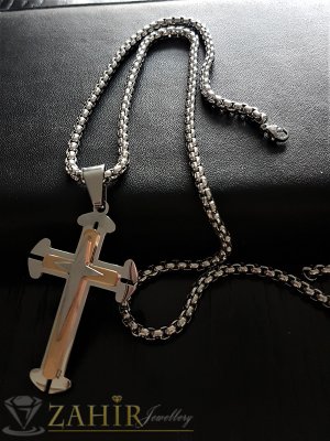 Стилен стоманен ланец 60 см , широк 0.3 см с висулка трипластов стоманен кръст 5 см - MK1290