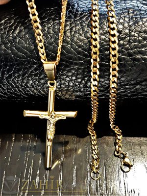 Класически изчистен стоманен кръст 5 см на тънък ланец с класическа плетка в 3 размера, златно покритие - ML1308