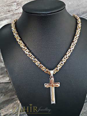Класически стоманен ланец в два цвята златно и сребърно 60 см с изчистен стоманен кръст 5 см - ML1327