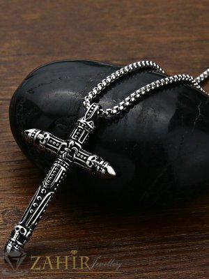 Изящно гравиран стоманен кръст 7 см от 316 L стомана на класически ланец 60 см - ML1333