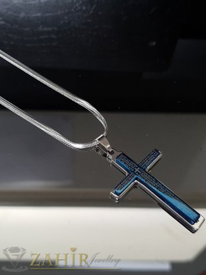 Изящен кръст с 2 лица синьо и сребристо с надписи 5 см на ланец змийска плетка 51 см - ML1383