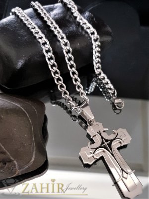 Готически стоманен кръст 6 см на изчистен класически стоманен ланец регулиращ се до 60 см - ML1429