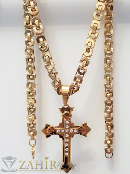 Бижута за мъже - Трипластов стоманен позлатен кръст с кристали 7 см на елегантен римски ланец в 3 размера - ML1472
