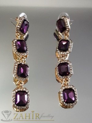 Виолетови кристални висящи обеци на винт 7 см в златно или сребърно покритие - O2459