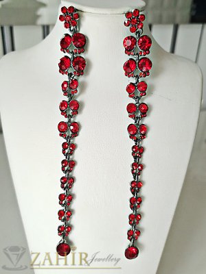 Официални дълги 13 см обеци с червени кристали, оксидирани, на винт - O2496