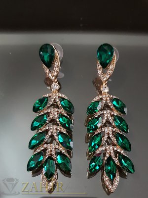  Луксозни обеци 8 см с бели и зелени кристали и златно покритие на винт - O2537