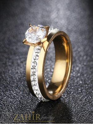 Класически стоманен позлатен годежен пръстен с един ред кристали и фасетиран циркон - P1470