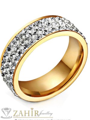 Висококачествен стоманен позлатен пръстен тип халка с три реда бели кристали - P1485