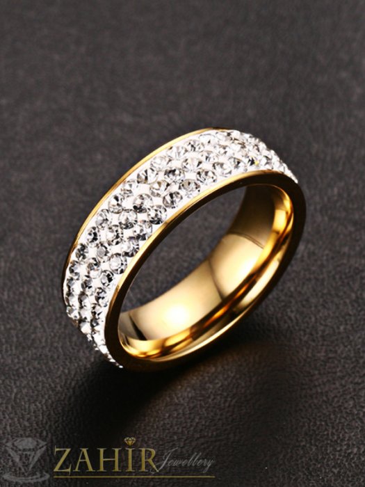 Дамски бижута - Висококачествен стоманен позлатен пръстен тип халка с три реда бели кристали - P1485