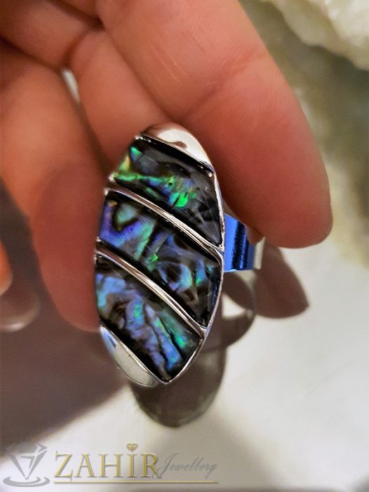 Дамски бижута - Великолепен пръстен с мексикански седеф, сребърно покритие, регулиращ се размер - P1486