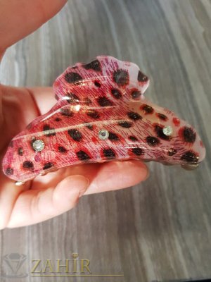 Бледочервена щипка с кристали леопардов десен , дълга 9 см - ST1096