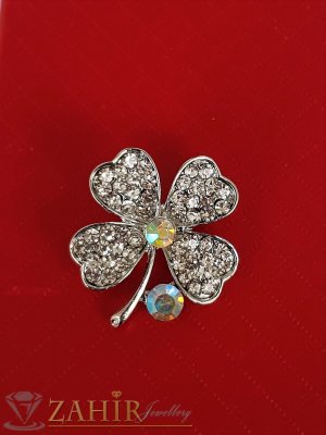 Късметлийска брошка кристална четирилистна детелина с размери 3 на 3 см, сребърно покритие, бели кристалчета - B1206