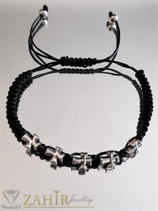 Дамски бижута - Ръчно изработена черна регулираща се гривна с 5 сребристи кръста, регулируема дължина- E1045