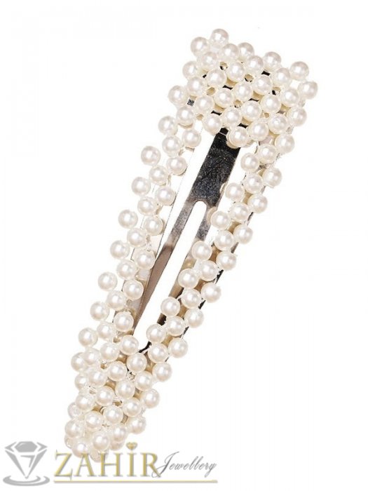 Аксесоари за коса - Хит луксозна шнола с нежни перли, дълга 8 см,тик-так закопчаване, златиста - FI1202