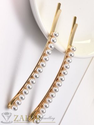  2 бр. луксозни фиби с нежни перли, дълги 6 см,високо качество, позлатени - FI1203
