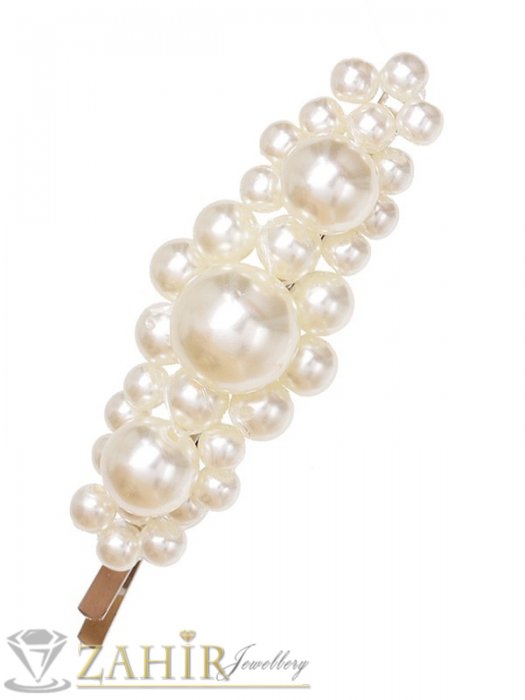 Аксесоари за коса - Хит луксозна фиба с бели перли, дълга 9 см,високо качество, златиста основа - FI1204