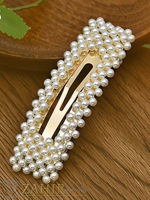 Аксесоари за коса - Хит луксозна шнола с нежни перли, дълга 8 см,тик-так закопчаване, златиста - FI1207
