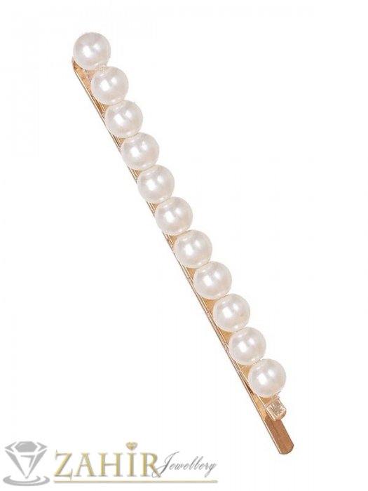 Аксесоари за коса - Хит луксозна фиба с нежни перли, дълга 8 см,високо качество, златиста основа - FI1208