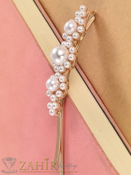 Хит луксозна фиба с нежни перли, дълга 8 см,високо качество, златиста основа - FI1212