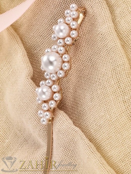Аксесоари за коса - Хит луксозна фиба с нежни перли, дълга 8 см,високо качество, златиста основа - FI1212