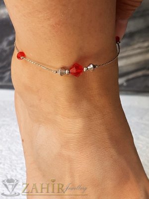 Елегантна стоманена гривна за крак с 3 червени кристала, регулира се до 26 см дължина - GK1104
