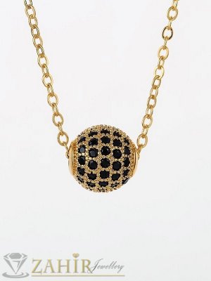  Красива златиста топка 1 см с черни ковани кристали на нежно колие от позлатена стомана 45 или 50 см по избор - K1991