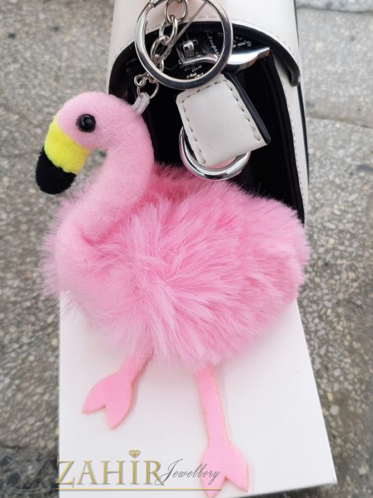Бонбоненорозово пухкаво фламинго ключодържател 17 на 10 см, сребристи детайли, аксесоар за чанта или ключове - KL1114