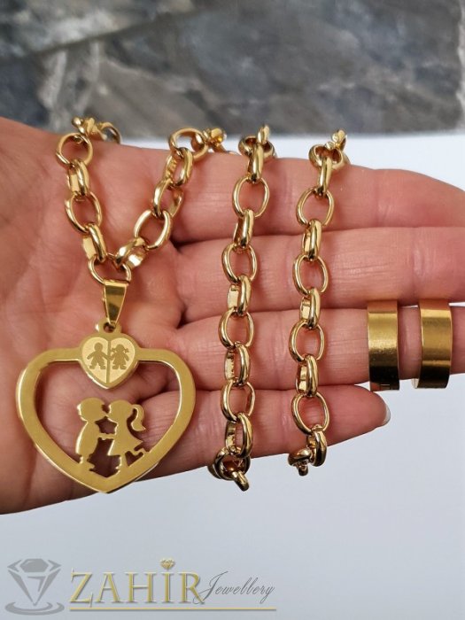 Дамски бижута - Романтичен стоманен комплект , медальон сърце с влюбени 3,5 см на колие в 4 размера и обеци халки 1,5 см - KO2080
