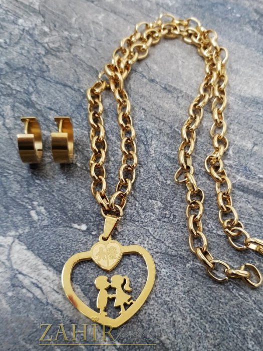Дамски бижута - Романтичен стоманен комплект , медальон сърце с влюбени 3,5 см на колие в 4 размераи обеци халки 2 см - KO2080