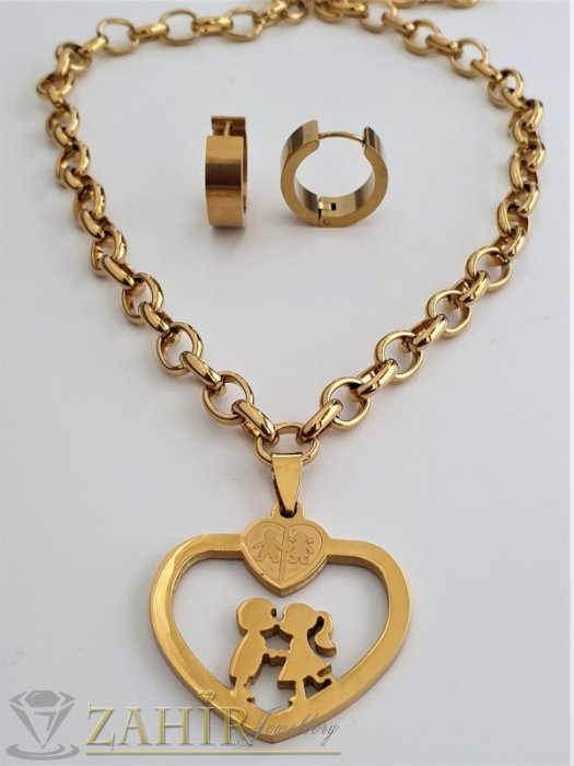 Дамски бижута - Романтичен стоманен комплект , медальон сърце с влюбени 3,5 см на колие в 4 размера и обеци халки 1,5 см - KO2080