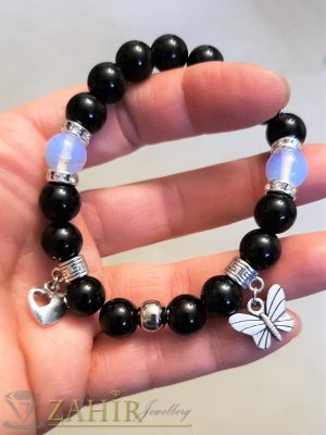 Полирана черна гривна от лъскав ахат 8 мм и лунен камък с посребрени висулки, 5 дължини - MGA1539